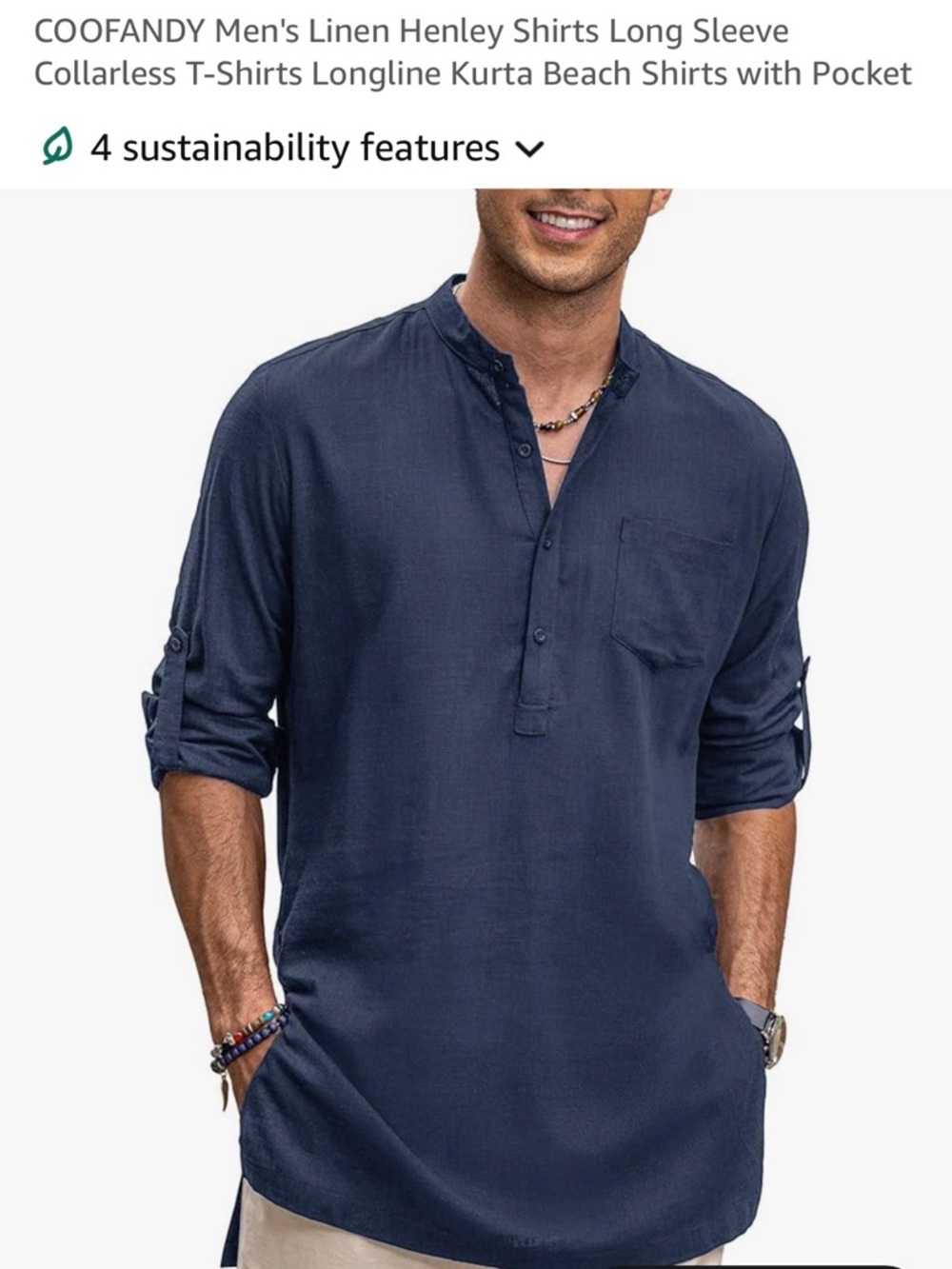 COOFANDY Men’s Navy Collarless Linen Henley Shirt Kurta with Pockets